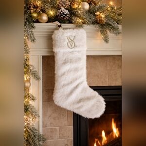 Exclusive NWT Victoria's Secret Christmas Stocking White Faux Fur Gold Lettering